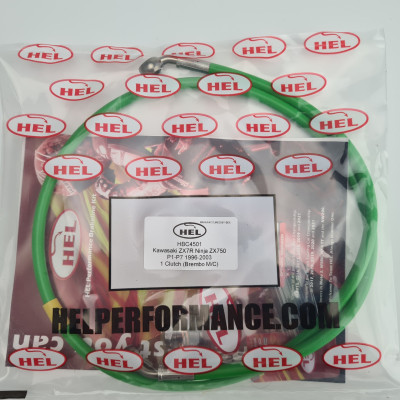 HEL Flexible Braided Clutch Line for Kawasaki ZX-7R Ninja ZX750 P1-P7 (1996-2003) SUITABLE FOR A BREMBO MASTER CYLINDER- CLEARANCE (GREEN HOSE WITH STAINLESS BANJOS)