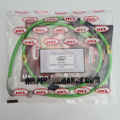 HEL Full Length Race Braided Brake Lines for Yamaha YZF-R6 (2006-2016) FRONTS ONLY - CLEARANCE (GREEN HOSE WITH STAINLESS BANJOS)