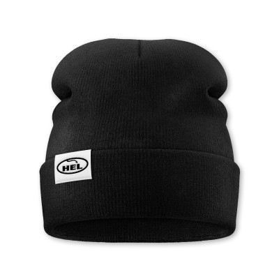 HEL Side-Tag Folded Beanie Hat (Black, White Tag)